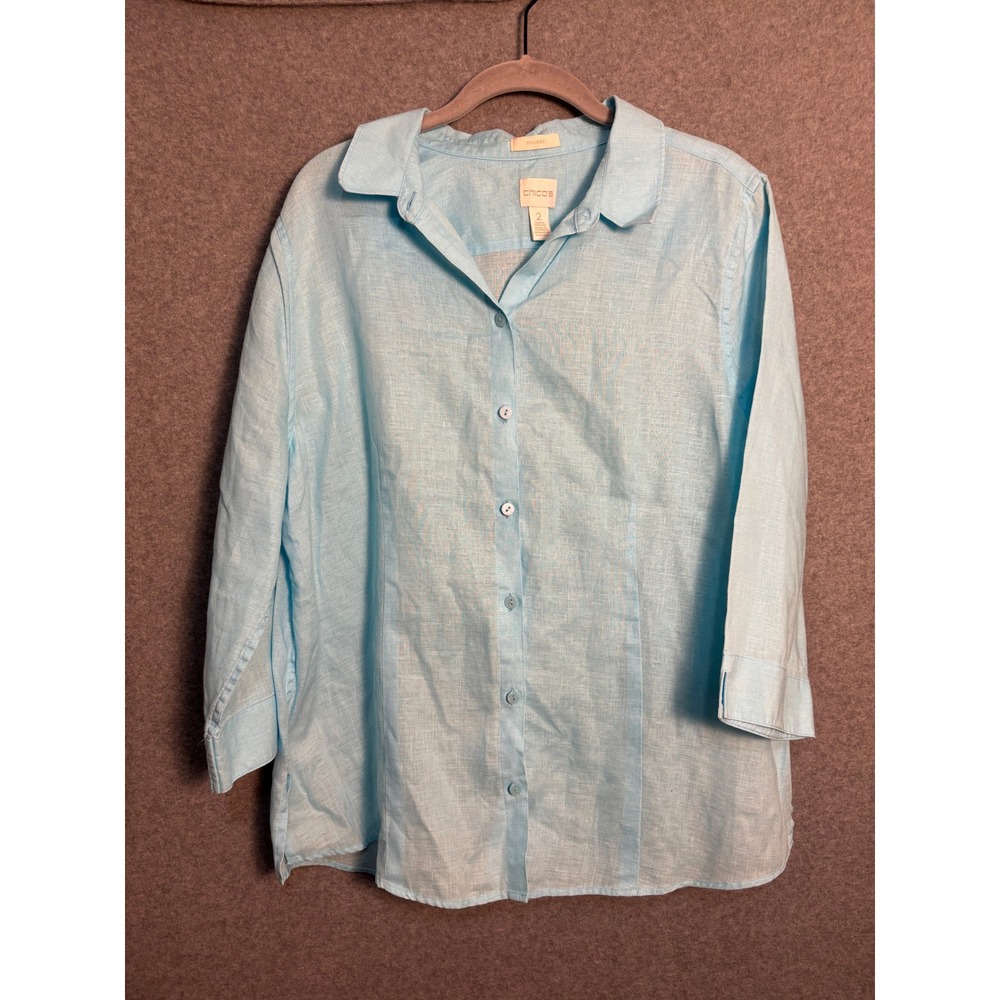 Chico's 100% Linen‎ Button Up Shirt Womens 2 Light Blue No Iron Top